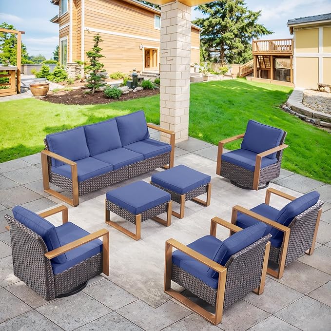 Belord Modern Outdoor Patio Furniture 7 - Person Outdoor Swivel Glider Seating Group, Backyard Wicker Furniture Set with Aluminum Armrests, Brown Wicker Blue Cushion