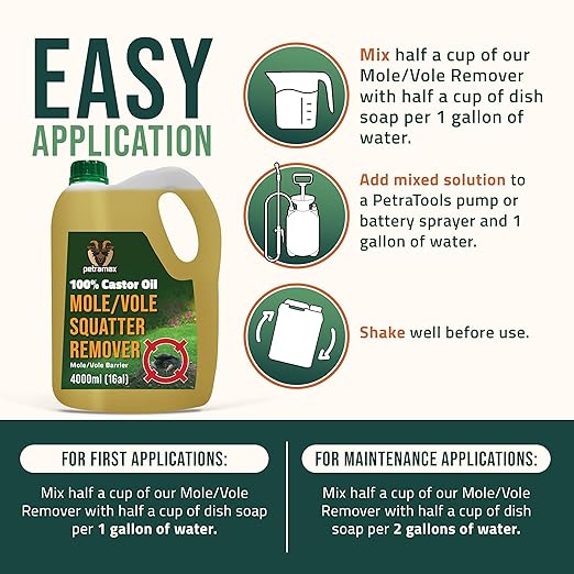 PetraMax Castor Oil Mole Repellent for Lawns - Best Anti Mole and Vole Repellent of Outdoor Space - How to Get Rid of Moles in My Yard, Garden Or Lawn, Safe and Effective Vole Deterrent (135 fl oz)