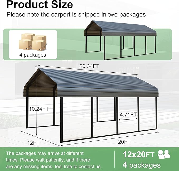 RV Metal 12x20FT Carport Canopy Heavy Duty Carports Kits for Garage,Aluminum Car Ports with Steel Shelter Frame Cover for 1 Car or Boats