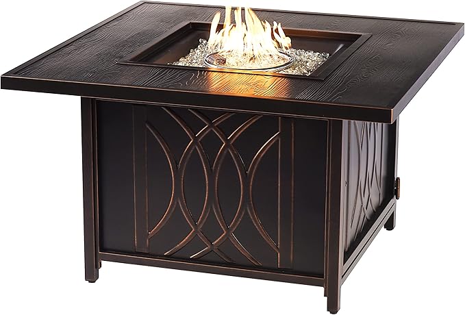 Oakland Living Black Aluminum Patio Fire Table Set with Two Deep Seating Loveseat with Cushions and Two Club Chairs with Blue Cushions