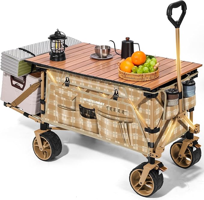 WHITSUNDAY Collapsible Folding Wagon with Table, Heavy Duty Utility Beach Wagons with All-Terrain Wheels for Camping,Garden,Sports Yellow