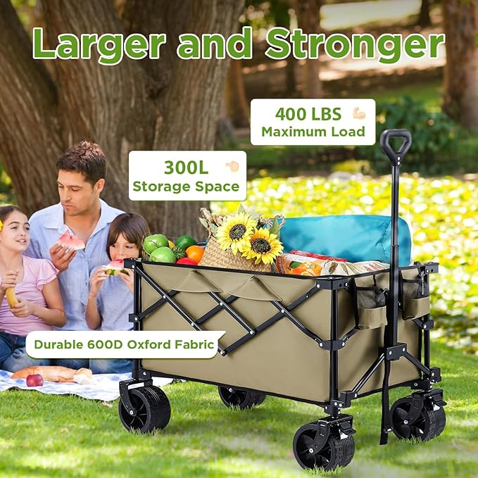 Bezseller Collapsible Wagon 400lbs, Wagons Carts Foldable, Beach Carts with Big Wheels for Sand, Heavy Duty Wagon, Utility Folding Cart with All-Terrain Wheels, Garden Carts Sports Beach, Khaki