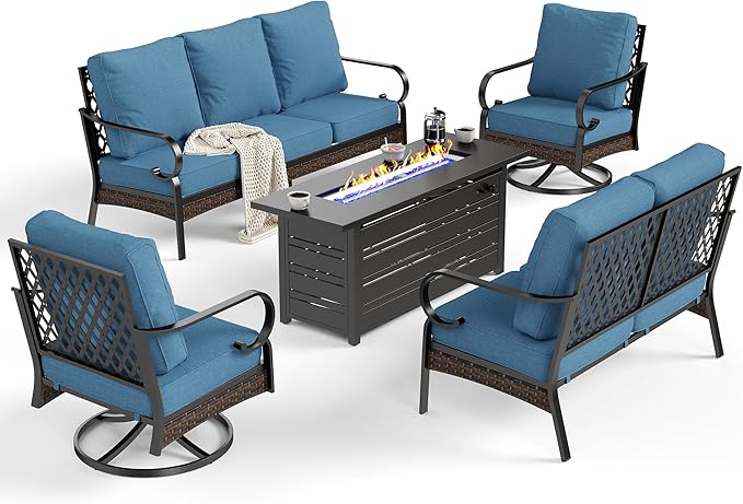 SUNSHINE VALLEY 5 Piece Metal Outdoor Patio Furniture Sets with Firepit Table, Patio Conversation Sets 1 3-Seater Sofa, 1 Loveseat, 2 Swivel Chair with 5.75" Cushion for Backyard Deck, Denim Blue