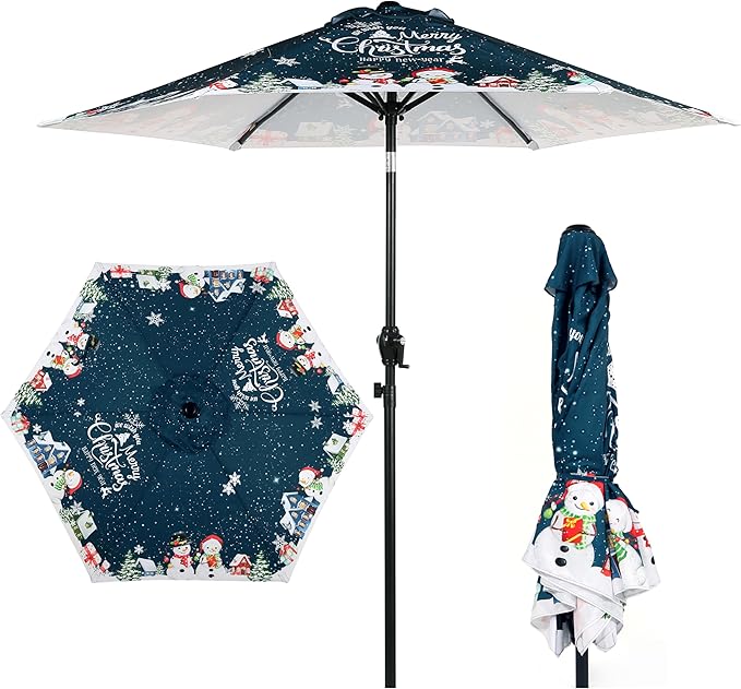 7.5FT Christmas Patio Umbrella, Outdoor Table Umbrella with Push Button Tilt and Crank, Market Umbrella with 6 Steel Ribs, Dark Teal