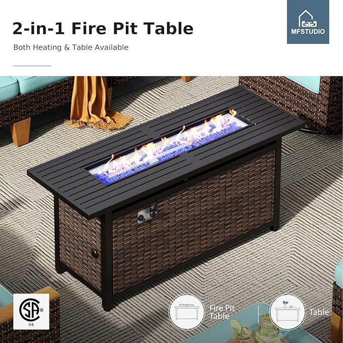 MFSTUDIO 9 Pieces Wicker Patio Furniture Set with 56" Fire Pit Table, Rattan Half-Moon Patio Conversation Set Outdoor Sectional Sofa Set, 4 x Curved Sofa, 2 x Armless Couch, 2 x Ottoman(Aqua Blue)