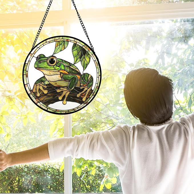 DASTOLL Stained Glass Window Hanging, Frog Green Leaf Sun Catchers Colorful Glass Panel Cool Suncatcher Decor for Birthday for Women, Men, Wife, Aunt, and Mom 11.8x11.8 in