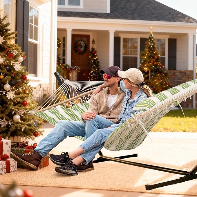 SUNCREAT Cotton Rope Hammock for Two People with Hardwood Spreader Bars, Quilted Fabric Pad & Detachable Pillow, Extra Large Hammock with 12 FT Steel Stand, Ipad Bag & Cup Holder, Green&Beige