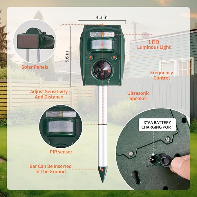 CIIC Upgraded Ultrasonic Deer Repellent Devices Motion Detection, Sloar Waterproof Cat Repellent Outdoor 5 Adjustable Modes, Squirrel Raccoon Rabbit Dog Repellent Deterrent for Yard, 2P