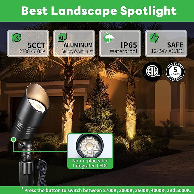 Varmtalys Low Voltage Landscape Lights - Warm White Cool White LED Outdoor Spotlights, 12V Spot Lights Waterproof Hardwired, Adjustable Color Temp Aluminum, Black for Wall Wash Flag 10 Pack