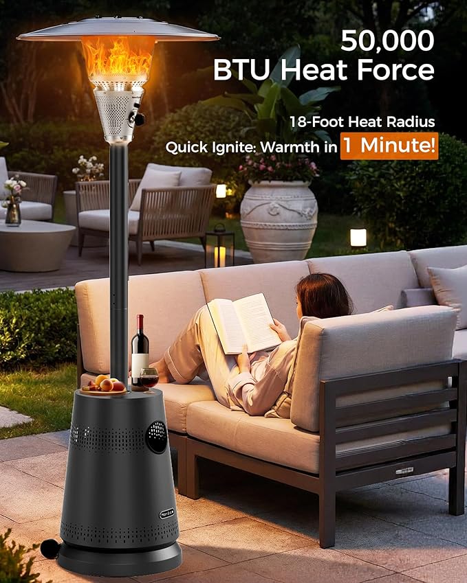 50,000 BTU Patio Heater for Outdoor Use, Portable Propane Patio Heater with Wheels, Stainless Steel Burner for Porch Deck Garden (Basic Black)