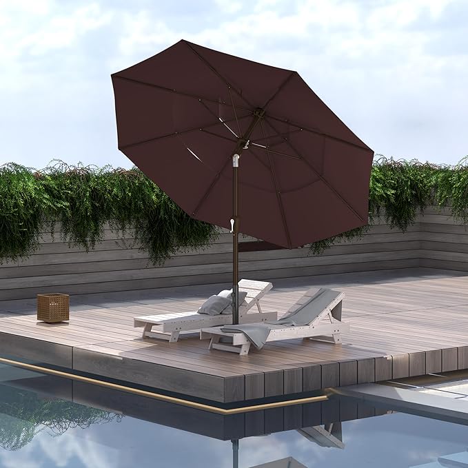 Ayge 9FT 3-Tier Large Outdoor Patio Umbrella Market Table Umbrella-UV Resistant,Easy Push Button Tilt and Crank,8 Sturdy Fiberglass Ribs Heavy-Duty Pool Umbrella for Deck,Backyard,Garden,Yard,Brown