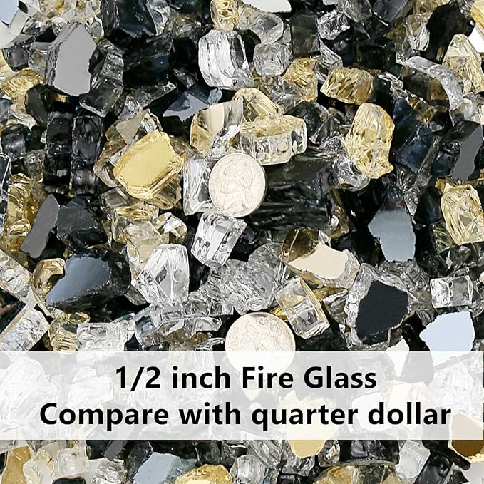Grisun Fire Glass for Fire Pit, 1/2 Inch 10 Pounds High Luster Reflective Tempered Glass Rocks for Natural or Propane Fireplace, Safe for Outdoors or Indoors Firepit