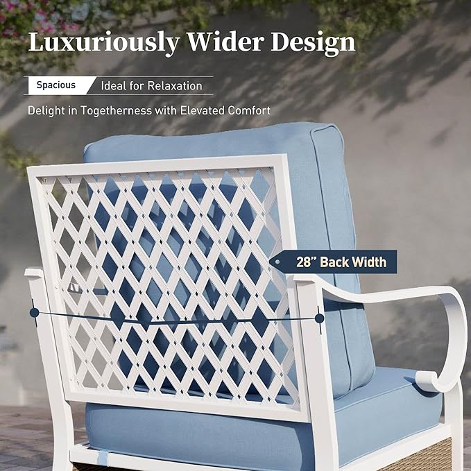 SUNSHINE VALLEY 4 Piece Metal Outdoor Patio Furniture Sets, Patio Conversation Sets 1 3-seater Sofa, 2 Single Sofa with 5.75" Extra Thick Cushion and Coffee Table, White Frame Backyard Furniture, Blue