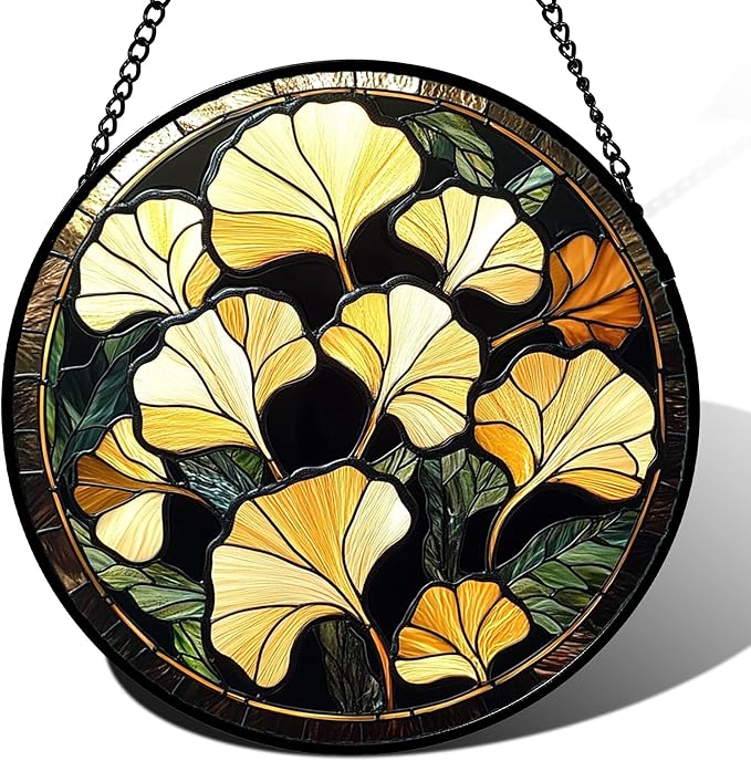 CRISGIF Stained Glass Window Hanging - Ginkgo Leaf Suncatcher for Doors Garden Patio Retro Fall Decor Sun Catchers Christmas Mother's Day Birthday Gifts for Women Men Mom Nana Friend 11.8 in