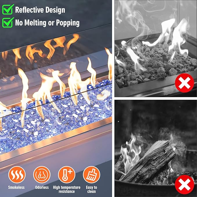 Mesida Fire Glass for Propane Fire Pit - 10 lb Reflective High Luster Glass Rocks, Cobalt Blue 1/4-Inch Fire Pit Glass for Indoor/Outdoor Fireplace & Fire Table, Tempered Decorative Firepit Rocks