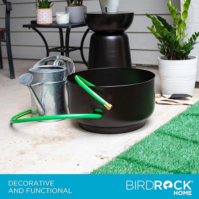 BIRDROCK HOME Decorative Footed Water Hose Holder Pot - Ground Garden Hose Box - Steel - Powdered Coated - Embossed - Steel Metal Hider - Outdoor or Indoor Use (Oil Rubbed Bronze)