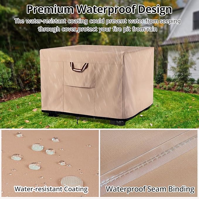 QH.HOME Fire Pit Cover Square-29-30 Inch Heavy Duty 900D Strong Tear-Resistant and UV Resistant and Waterproof and Fading Resistant Material Polyester Firepit Covers for Outdoor Fire Table-Wheat