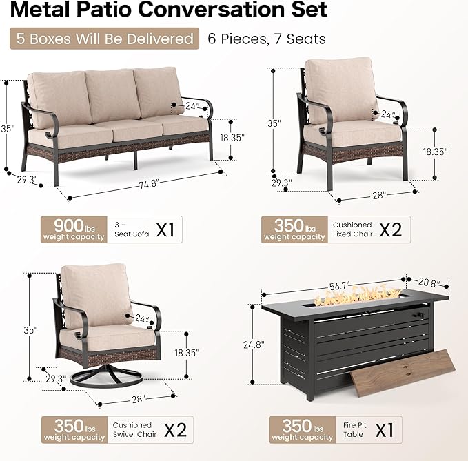 SUNSHINE VALLEY 6 Piece Metal Outdoor Patio Furniture Sets with Firepit Table, Patio Conversation Sets 1 3-Seater Sofa, 2 Leg Chair and 2 Swivel Chair with 5.75" Cushion for Backyard Deck, Beige