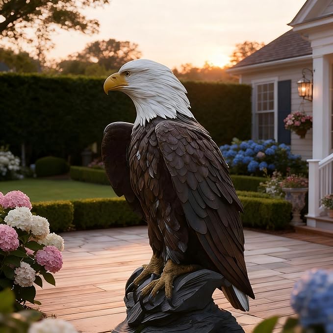 JEESGQT H:24.4 inch Bald Eagle Statue Outdoor, Large Realistic Eagle Sculpture for Garden Decor, Hand-Painted Resin Lawn Eagle Statue, Majestic Yard Art and Patio Decoration