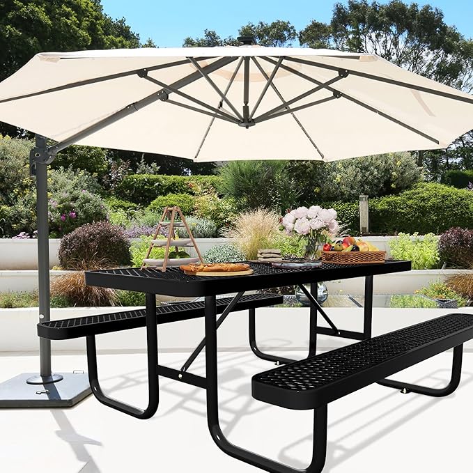 6FT Steel Metal Picnic Table with Benches, Rectangular Lifetime Picnic Table, Outdoor Furniture Heavy Duty Sturdy Commercial Picnic Tables for Patio Garden Courtyard BBQ Shopping Centers