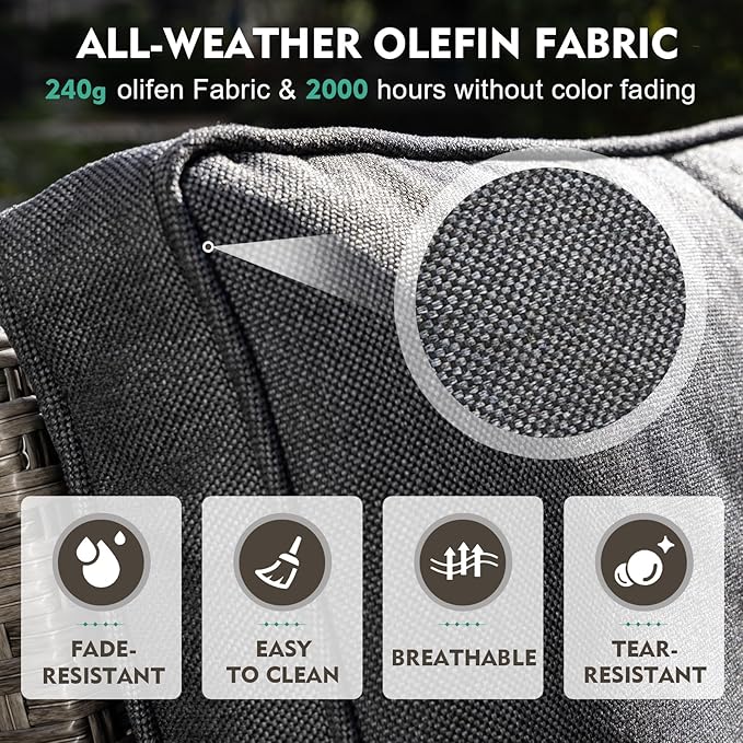 MEISSALIVVE 3 Pieces Patio Furniture Set, Outdoor Swivel Rocker with Washable Cushions & Tempered Glass Tabletop, Outdoor Rattan Conversation Set for Lawn Backyard Porch (Grey)