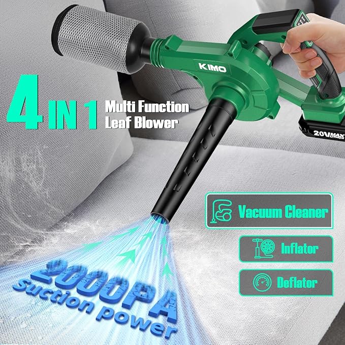 K I M O. Cordless Leaf Blower and Vacuum Combo 4 In 1, 3 Nozzles for Inflation and Deflation, 190MPH/260CFM, Smart Panel w/ 3Modes, 20" Extended Tube, 2Pack Battery Operated Leaf Blowers for Lawn Care
