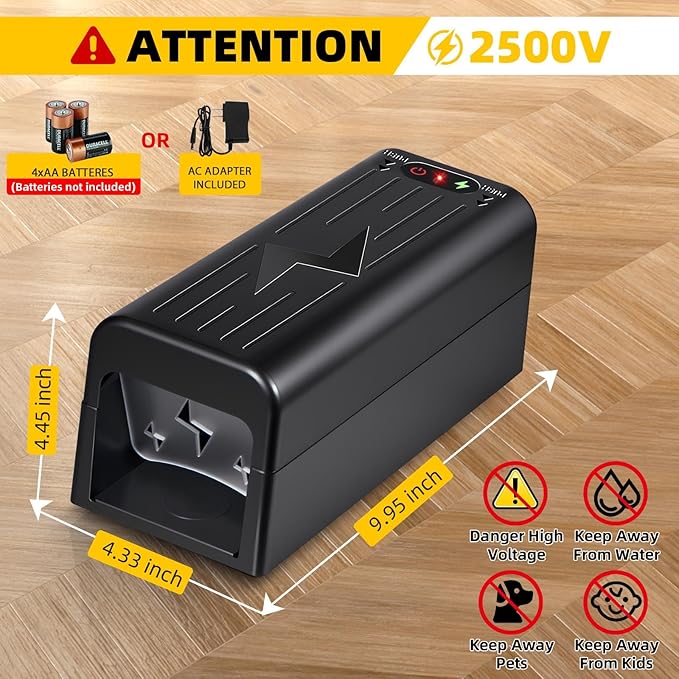 Electric Mouse Trap Indoor - Reusable No-Touch Zapper with Powerful Voltage - Effectively Kills Mice in Living Rooms, Kitchens, Garages & More (Black)