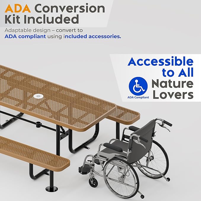 Commercial Heavy-Duty Metal Picnic Table - ADA Compliant, Adjustable Seats, Umbrella Hole, Expanded Metal (Brown, 6' Rectangular)