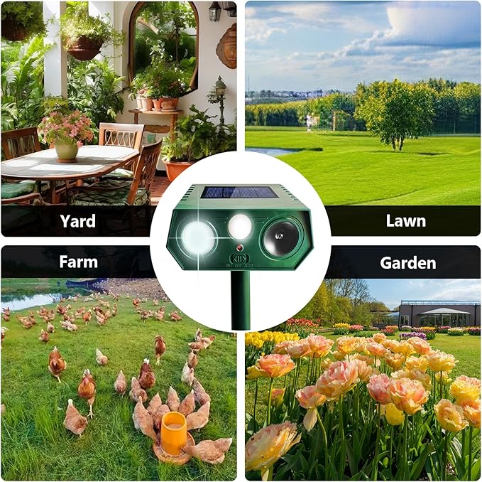 2025 Deer Repellent Devcies Solar Ultrasonic Animal Repellent Outdoor Waterproof Rabbit Repellent with PIR Motion Detection Flash Light for Dog, Cat, Bird, Squirrel, Skunk, Raccoon for Yard (4 Pack)