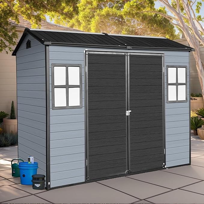8x4ft Resin Outdoor Storage Shed with Floor and 2 Windows, Plastic Sheds & Outdoor Storage Clearance for Patio Furniture, GardenTools, Lawn Mower and Bike Accessories, Black+Grey