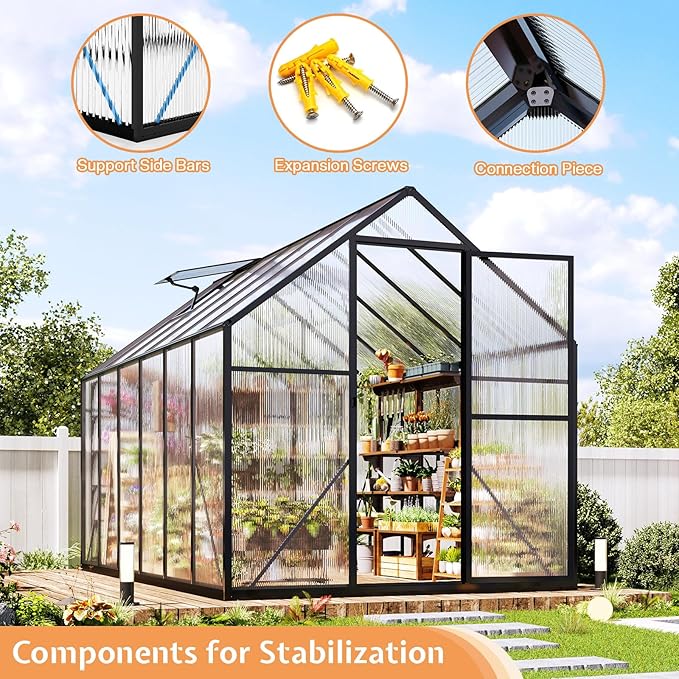 Jocisland 6x12x6.3 FT Polycarbonate Walk-in Greenhouse with Dual Doors and Roof Vents, Outdoor Garden Greenhouse, Black