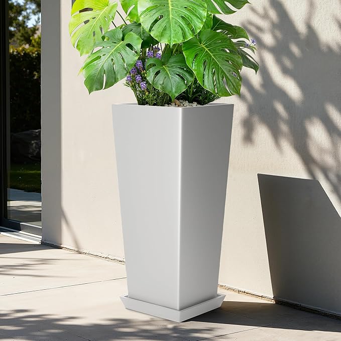 Set of 2 Tall Planters for Outdoor Plants with Drainage Tray, 24" Large Flower Pots for Front Porch Decor, Patio, Garden (White 24")