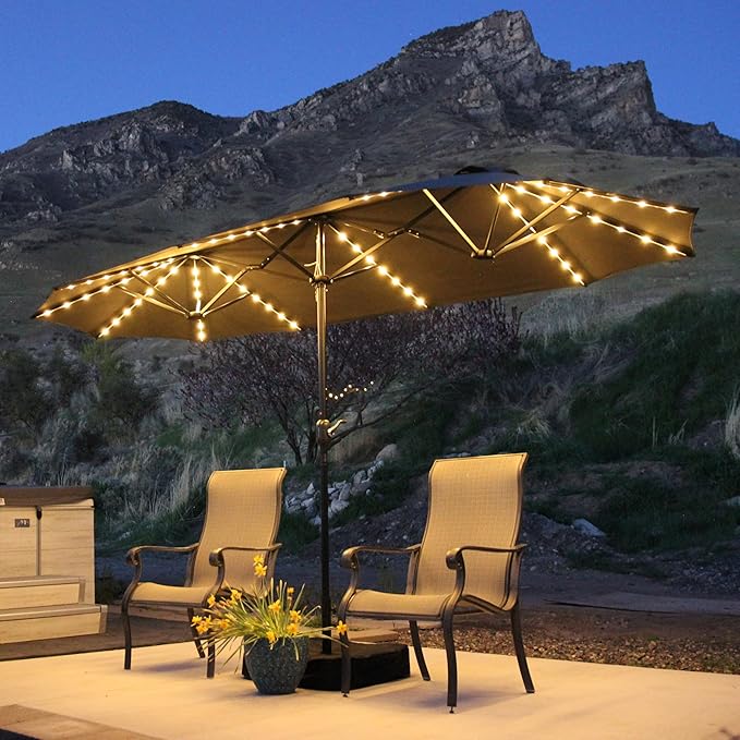 PURPLE LEAF 13ft Patio Market Umbrella with Solar LED and Base Double-Sided Rectangle Outdoor Table Sun Umbrellas with Crank for Pool Beach Deck Backyard Light Gray