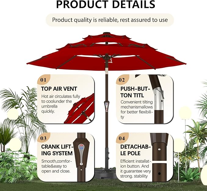 Ayge 9FT 3-Tier Large Outdoor Patio Umbrella Market Table Umbrella-UV Resistant,Easy Push Button Tilt and Crank,8 Sturdy Fiberglass Ribs Heavy-Duty Pool Umbrella for Deck,Backyard,Garden,Yard,Red