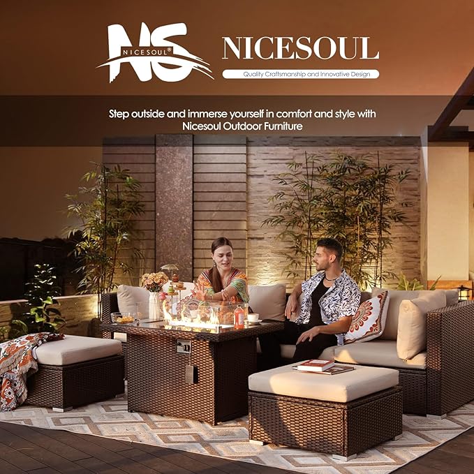 NICESOUL Wicker Outdoor Fire Pit Table Natural Gas/Propane, 43'' Rectangular Firepit Table for Outside, 60000 BTU Patio Fireplace Tables with Windguard&Glass Rocks&Cover, Modern CSA Firepits, Brown