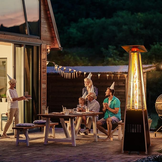 48,000 BTU Flame Pyramid Pool Heater With Cover, Triple Safety Protection Portable Patio Heater with Patio Cover, Warm Glass Tube with Durable Wheels-Black