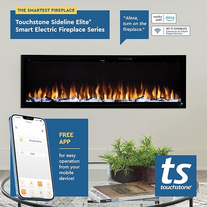 Touchstone Sideline Elite Smart 100” WiFi-Enabled Electric Fireplace - 80044 - in-Wall Recessed - 60 Color Combinations - 1,500W Heater - Black - Log, Crystals & Driftwood