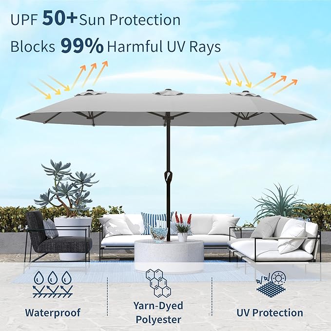 15FT Double Sided Patio Umbrella with Base Included Large Outdoor Market Umbrella with Crank Handle, UV Resistant Canopy, Sturdy Frame for Garden, Poolside, Deck, Light Gray