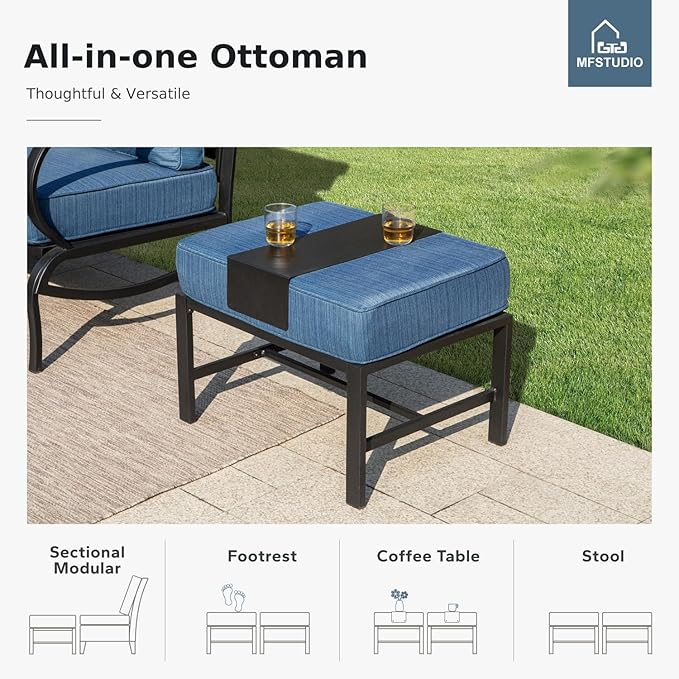 MFSTUDIO 7 Pieces Metal Patio Furniture Sets, 2 Swivel Chairs, 3-Seat Deep Seating Sofa, 2 Single Couch and 2 Ottoman, All Weather 9 Seats Outdoor Conversation Set for Garden Backyard, Peacock Blue