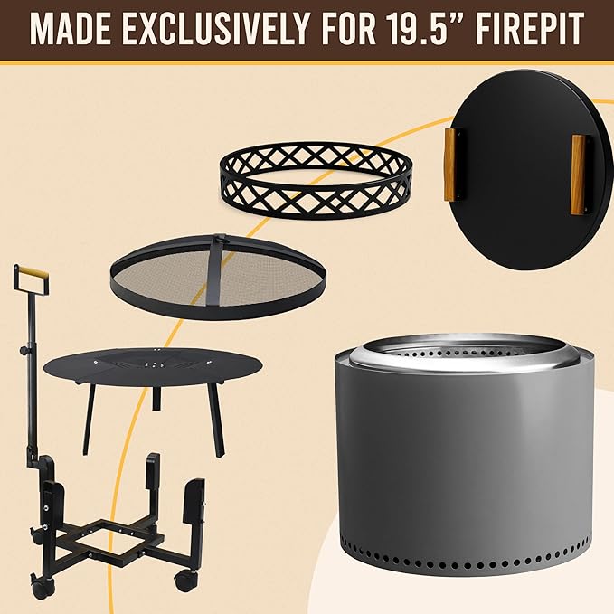 FEBTECH Spark Screen, Heat Deflector, Firepit Lid, Trolley Stand and Base Ring Combo - Compatible with Solostove Bonfire and Other 19.5" Fire Pit - 5 in 1 Firepit Accessories for Patio, Bonfire, Deck