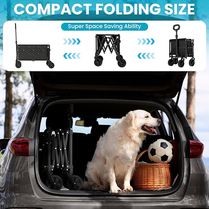 Small Collapsible Wagon with Extended Tailgate, Wagons Carts Folding with 300lbs Capacity, Lightweight Portable Utility Wagon Cart for Shopping Camping Sports Garden(Black)