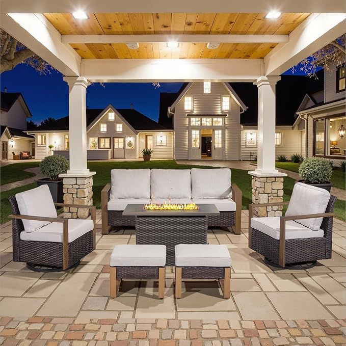 Belord 6 Piece Outdoor Patio Furniture Set with Propane Fire Pit Table, Wicker Patio Conversation Set with 2 Swivel Rocker Chairs Rattan Sofa and Removable 4" Thick Cushions for Deck Backyard