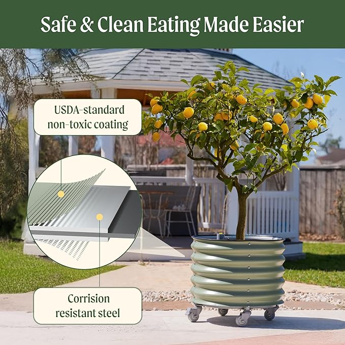Rolling Metal Citrus Tree Planter, Self-Watering Round Planter Box for Porch Patio & Backyard, Raised Garden Bed with Wheels for Growing Trees Tomatoes Vegetables and Flowers, Single Pack-Olive Green