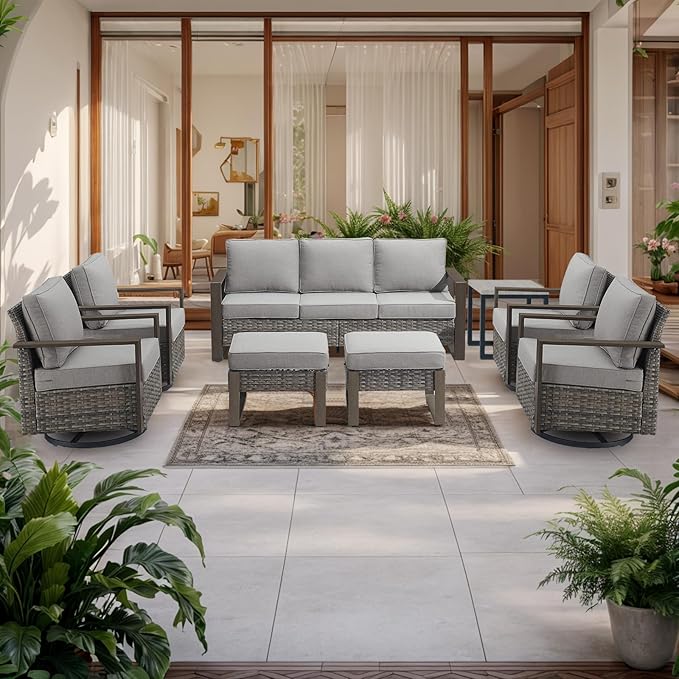 Rilyson Outdoor Wicker Patio Furniture Set - 8 Piece Patio Conversation Set with 4 Wicker Swivel Rocker Chairs,2 Rattan Ottoman 1 Side Table and 1 Couch,Thick Cushions,Deep Seating(Mixed Grey/Grey)