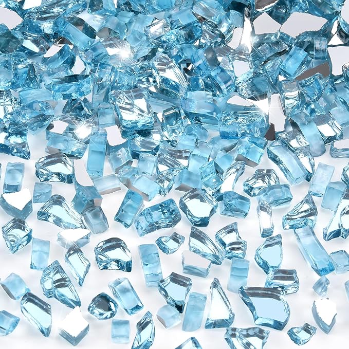 GasSaf 1/4 Inch Fire Glass Reflective Tempered Fireglass Cut Crushed FireGlass for Fire Pit, Fireplace, Replaces Existing Gas Logs & Lava Rocks (20 Pound)(Caribbean Blue)