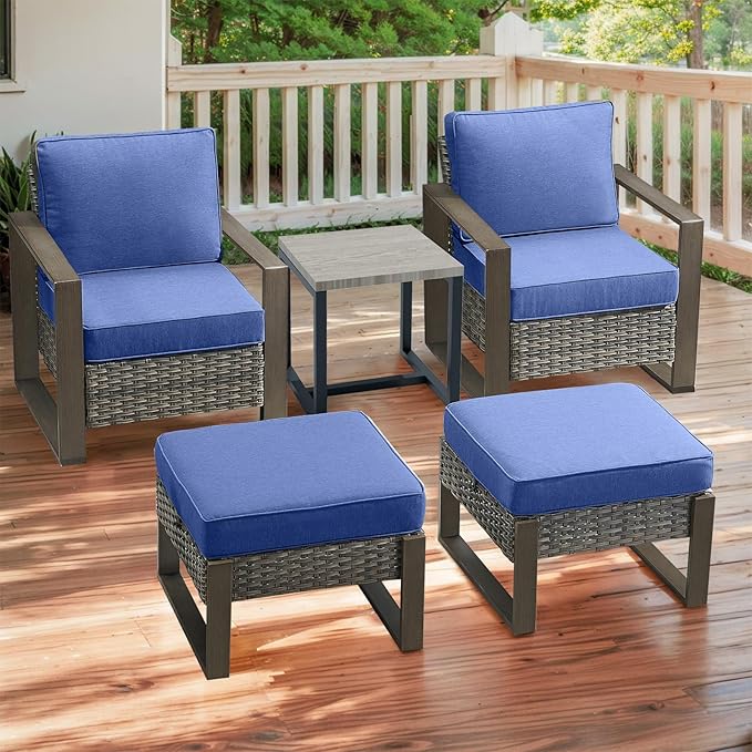 Rilyson Outdoor Wicker Patio Furniture Set - 5 Piece Patio Conversation Set with 2 Wicker Armrest Chairs,2 Rattan Ottoman, 1 Side Table, Sturdy Frame, Thick Cushions, Deep Seating(Mixed Grey/Blue)