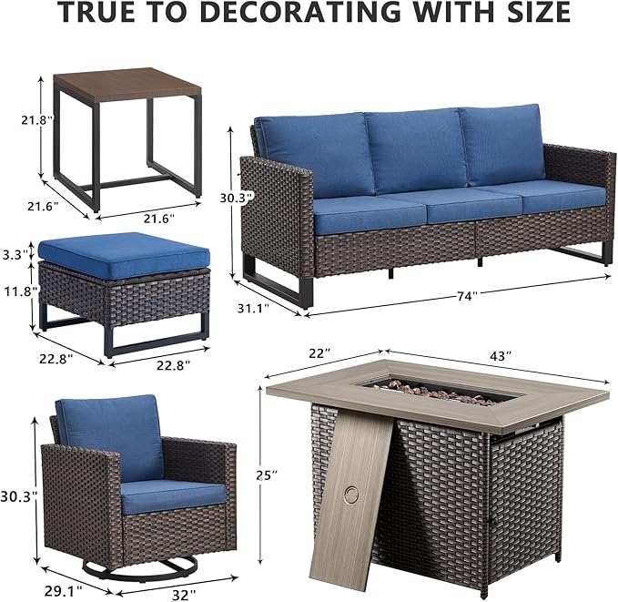 HUMMUH 7 Piece Patio Furniture Set with Fire Pit 41in 55,000 BTU,Wicker Outdoor Conversation Sets - Patio Swivel Chairs Sofa Ottomans,Side Table for Porch,Garden,Backyard
