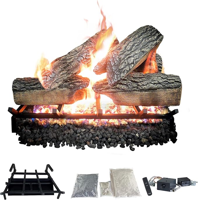 18" Premium Gas Logs - Remote Control Kit Included - for Natural Gas Vented Fireplaces - Blazing Oak Design (Logs + Remote Light Kit)