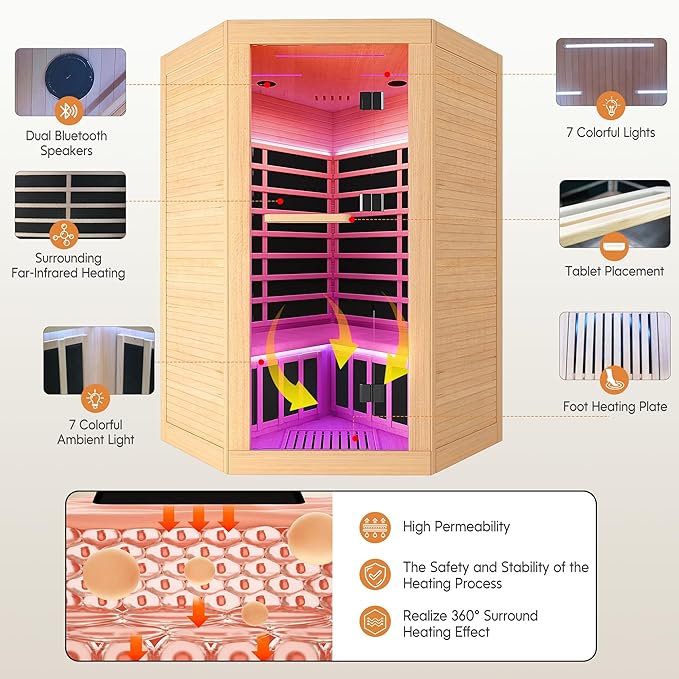 2-3 Person Corner Infrared Sauna Cabin 2180W Home Dry Steam Sauna with Colorful Lights and Bluetooth Speaker, Low Electromagnetic Radiation Canadian Hemlock Wood Dimensions 47.2 x 47.2 x 74.8 inches