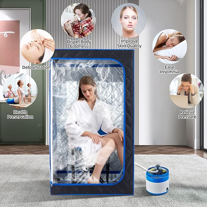 ZONEMEL Full Size Portable Steam Sauna Kit, Personal Full Body Sauna Spa for Home Relaxation, 4 Liters 1500 Watt Steamer, Remote Control, Timer, Foldable Chair (Black, Clear Door)